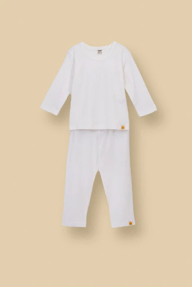 Basic Fitilli İnterlok Kumaş %100 Pamuk 1-5 Yaş Beyaz Bebek Pijama Takımı