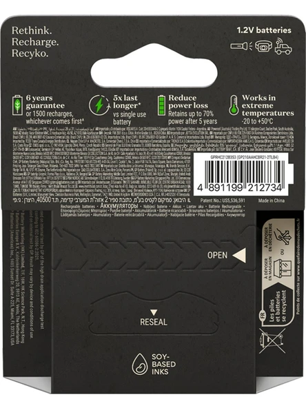 GP Recyko Pro 2000 mAh 1.2V AA Boy NiMH Kalem Şarjlı Pil 4'lü Kart - Resim 2