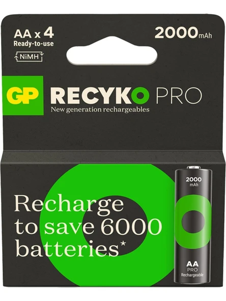 GP Recyko Pro 2000 mAh 1.2V AA Boy NiMH Kalem Şarjlı Pil 4'lü Kart