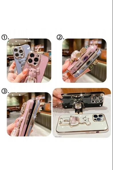 İphone 14 Plus Glossy Yumuşak Ayıcıklı Boncuklu Stantlı Kapak - Resim 4