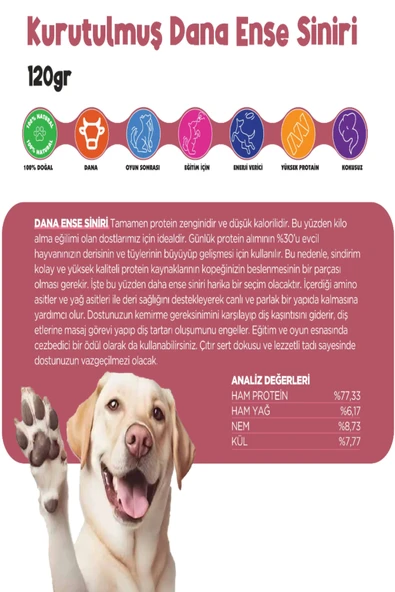 Kurutulmuş Dana İnce Sinir Çiğnemelik Köpek Ödül Maması %100 Doğal Tüm Irklar İçin Protein 120 g - 3