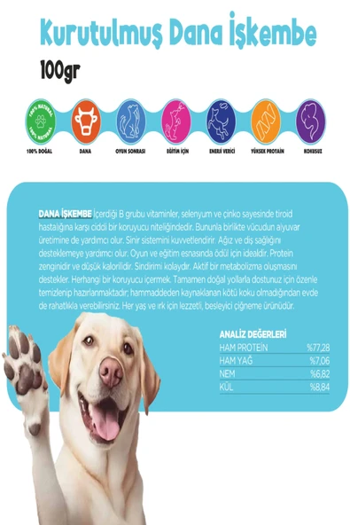 Kurutulmuş Dana İşkembe Çiğnemelik Köpek Ödül Maması %100 Doğal Tüm Irklar İçin Yüksek Protein 100 g - 3