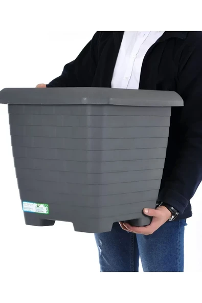 Hisar Kare Saksı 44 Litre Kapı Önü İç Ve Dış Mekan Saksı   Antrasit Kare Büyük Boy Tabaklı Saksı