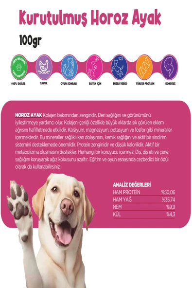 Kurutulmuş Horoz Ayak Köpek Ödül Maması Çiğnemelik %100 Doğal Tüm Irklar İçin Yüksek Protein 100 g - 3