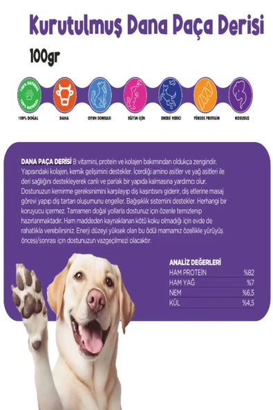 Kurutulmuş Dana Paça Derisi Çiğnemelik Köpek Ödül Maması %100 Doğal Tüm Irklar İçin Protein 100 g - 3