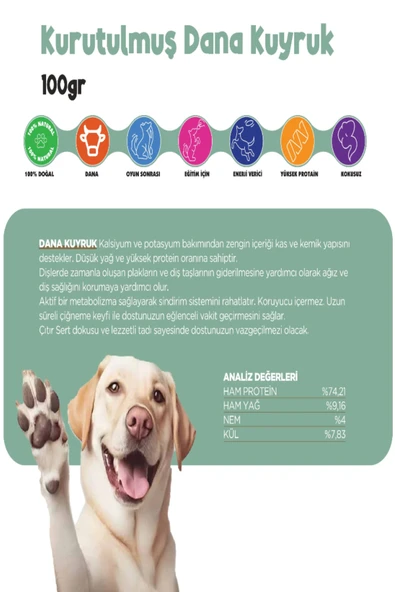 Kurutulmuş Dana Kuyruk Çiğnemelik Köpek Ödül Maması %100 Doğal Tüm Irklar İçin Yüksek Protein 100 g - 3