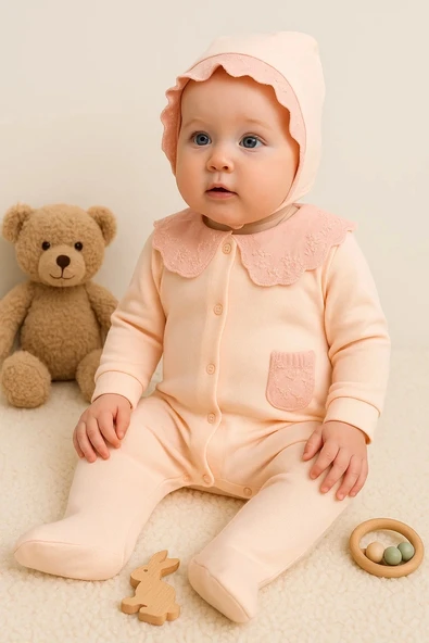 Dantel Yaka Fisto Detaylı Kız Bebek Tulum %100 Pamuk