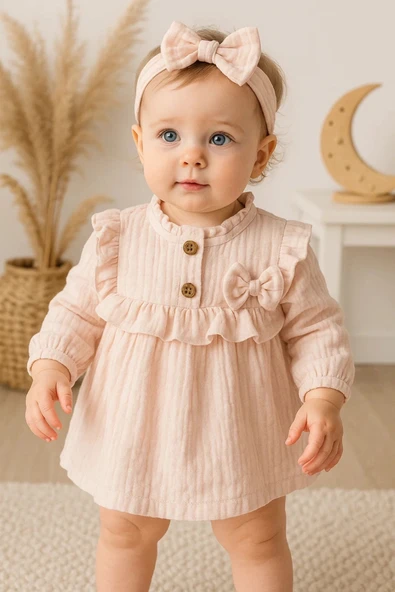 Fırfırlı Bandalı Elbise Kız Bebek Elbise
