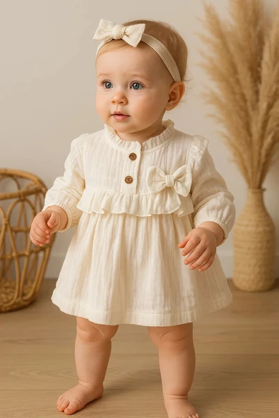 Fırfırlı Bandalı Elbise Kız Bebek Elbise