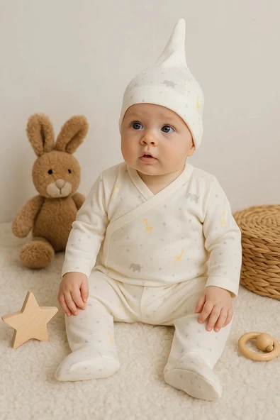 Zürafa Desenli 3 Parça Erkek Bebek Hastane Çıkışı % 100 Pamuk - Resim 2