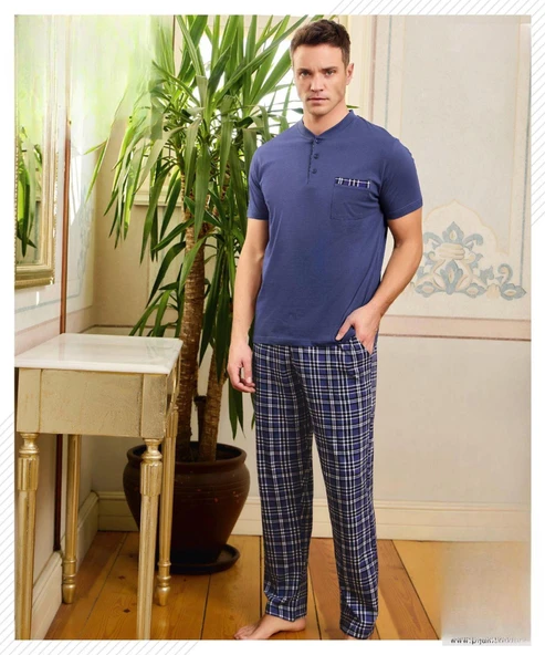 Pijamoni Erkek Düğme Yaka Kısa Kol  Pijama Takımı 6850/14 - 1 Adet  M Saks Mavi