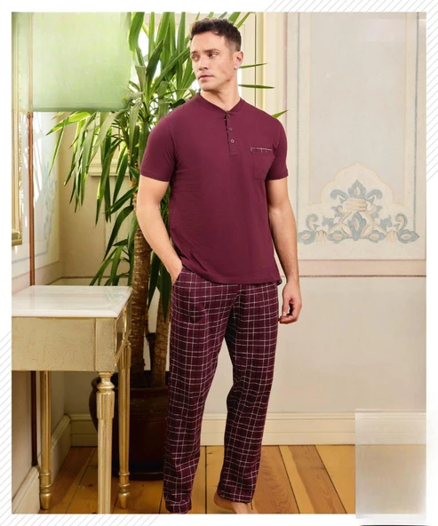 Pijamoni Erkek Düğme Yaka Kısa Kol  Pijama Takımı 6850/11 - 1 Adet  XL Mürdüm