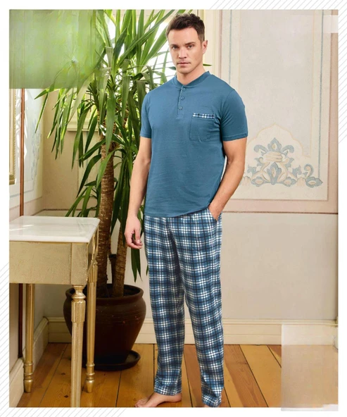 Pijamoni Erkek Düğme Yaka Kısa Kol  Pijama Takımı 6850/8 - 1 Adet  XL Mavi