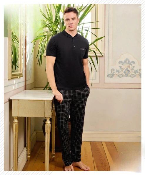 Pijamoni Erkek Düğme Yaka Kısa Kol  Pijama Takımı 6850/12 - 1 Adet  Siyah 2XL