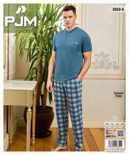 Pijamoni Erkek Düğme Yaka Kısa Kol  Pijama Takımı 6850/8 - 1 Adet  M Mavi - 2