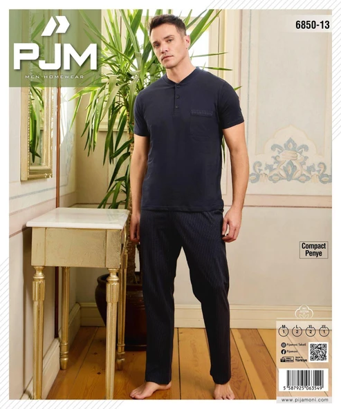 Pijamoni Erkek Düğme Yaka Kısa Kol  Pijama Takımı 6850/13 - 1 Adet  L Koyu Lacivert - 2