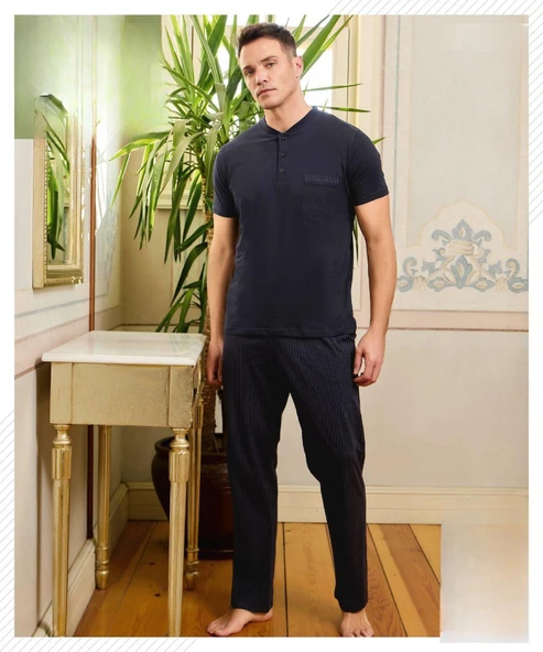 Pijamoni Erkek Düğme Yaka Kısa Kol  Pijama Takımı 6850/13 - 1 Adet  XL Koyu Lacivert ürün görseli