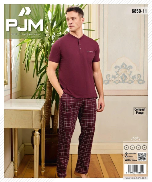Pijamoni Erkek Düğme Yaka Kısa Kol  Pijama Takımı 6850/11 - 1 Adet  M Mürdüm - Resim 2