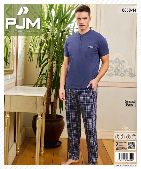 Pijamoni Erkek Düğme Yaka Kısa Kol  Pijama Takımı 6850/14 - 1 Adet  L Saks Mavi - 2