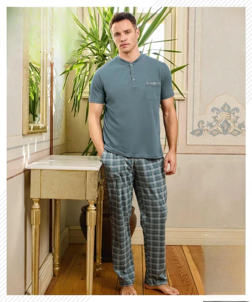 Pijamoni Erkek Düğme Yaka Kısa Kol  Pijama Takımı 6850/9 - 1 Adet  L Yeşil