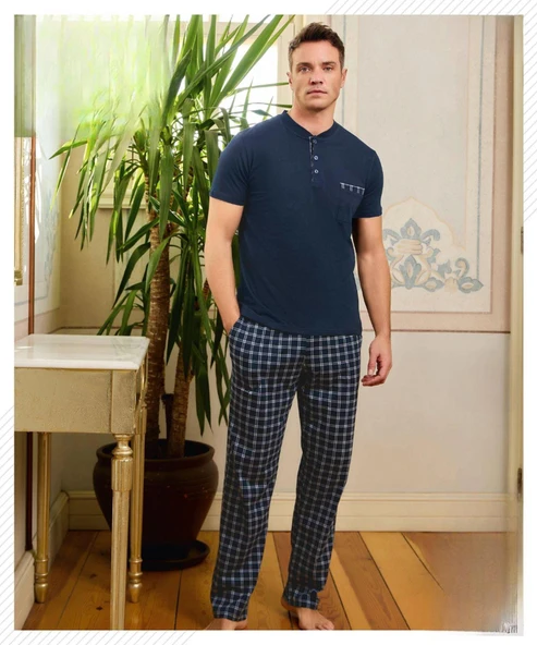 Pijamoni Erkek Düğme Yaka Kısa Kol  Pijama Takımı 6850/10 - 1 Adet  XL Lacivert