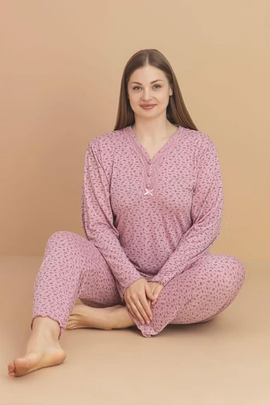 Pijamerry Kadın Büyük Beden Dantel Yaka Bambu Uzun Kol İnce Pijama Takımı 5920- 1 Adet  Pembe 5XL