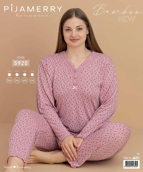 Pijamerry Kadın Büyük Beden Dantel Yaka Bambu Uzun Kol İnce Pijama Takımı 5920- 1 Adet  2XL Pembe - 2