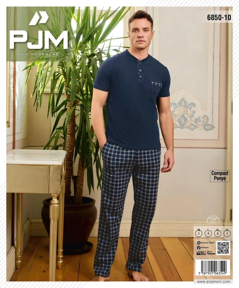 Pijamoni Erkek Düğme Yaka Kısa Kol  Pijama Takımı 6850/10 - 1 Adet  XL Lacivert - 2