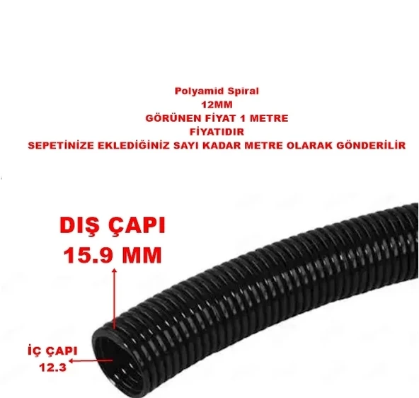 MUTLUSAN 12mm Polyamid Spiral Boru Plastik SİYAH (UV Dayanımlı)
