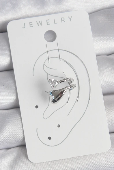 Pirinç Gümüş Renk Zirkon Taş Detaylı Kalp Model Kadın Kıkırdak Küpe - TJ-BKP10570 - 2