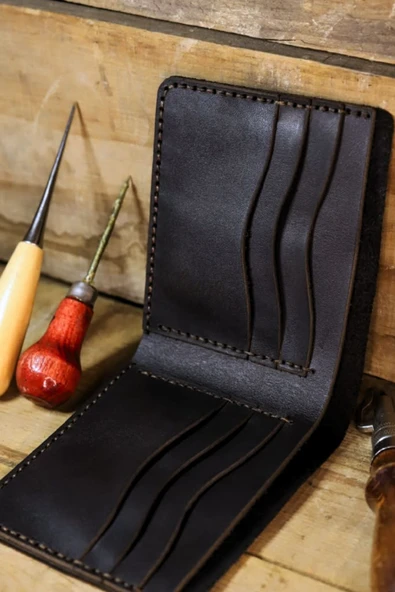 Gerçek Deri Cüzdan El Yapımı Hakiki Kadife Premium Deri İtalyan Dikiş 8 Kart Bölmeli