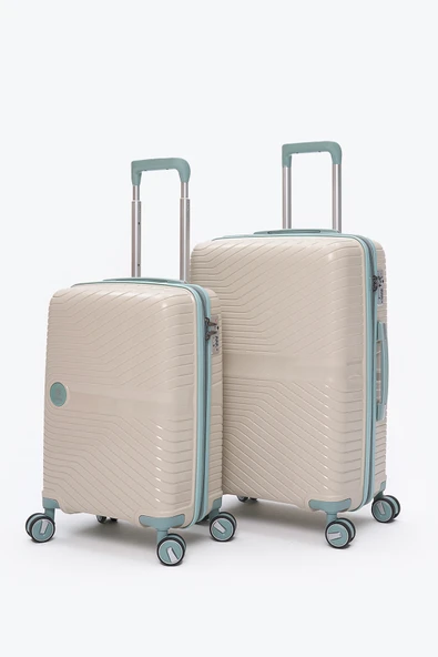 Elatae Exclusive Pro Polipropilen Kırılmaz 2'li Valiz Seti Orta Boy - Kabin Boy Bej - Mavi 5239 ürün görseli