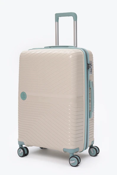 Elatae Exclusive Pro Polipropilen Kırılmaz 2'li Valiz Seti Orta Boy - Kabin Boy Bej - Mavi 5239 - Resim 3