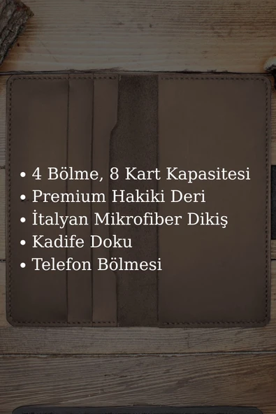 Gerçek Deri Cüzdan El Yapımı Hakiki Kadife Premium Deri Italyan Dikiş 4 Kart Bölmeli Telefon Bölmeli - 4