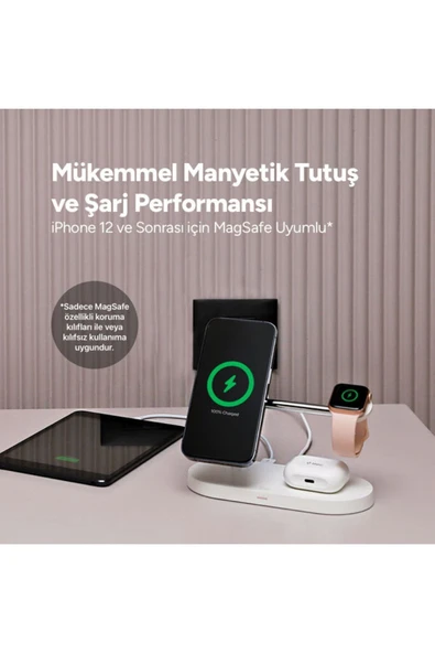 Yeni AirCharger Quattro M MagSafe Uyumlu iPhone+AppleWatch+AirPods LED li Kablosuz Hızlı Şarj Sta - 3