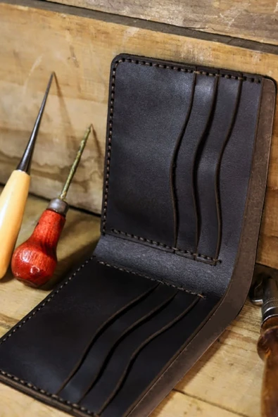 Gerçek Deri Cüzdan El Yapımı Hakiki Kadife Premium Deri İtalyan Dikiş 8 Kart Bölmeli