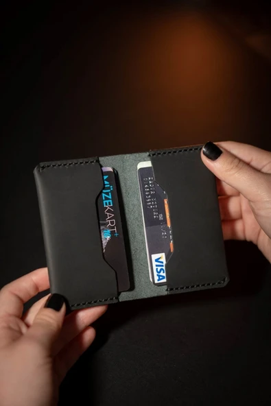 Unisex Tozlu Siyah Gerçek Deri El Yapımı Kartlık - 6