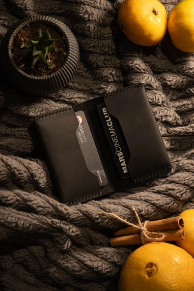 Unisex Tozlu Siyah Gerçek Deri El Yapımı Kartlık