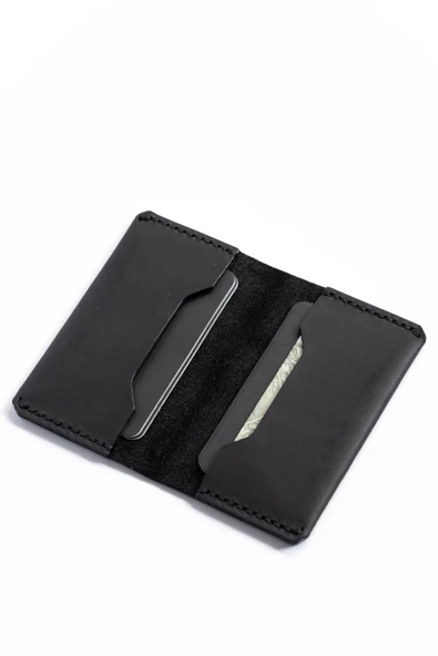 Unisex Tozlu Siyah Gerçek Deri El Yapımı Kartlık - 2