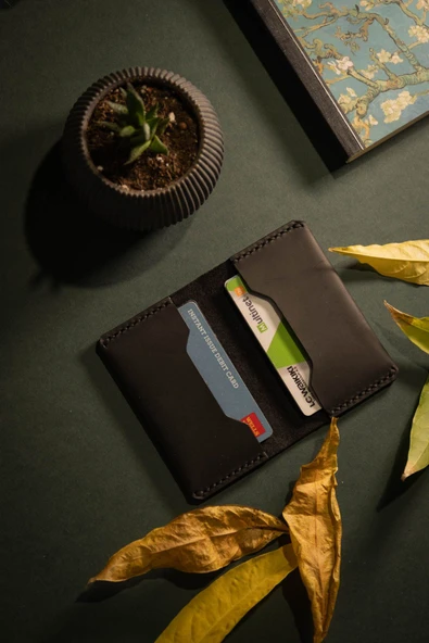 Unisex Tozlu Siyah Gerçek Deri El Yapımı Kartlık - 4