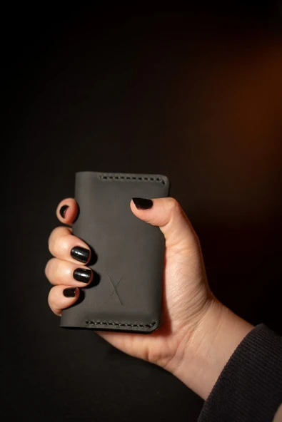 Unisex Tozlu Siyah Gerçek Deri El Yapımı Kartlık - 8