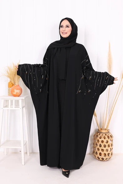 Yarasakol İşleme Detaylı Abaya 70012 Siyah-Gold - Resim 4