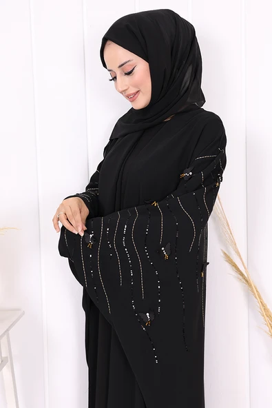 Yarasakol İşleme Detaylı Abaya 70012 Siyah-Gold - Resim 10
