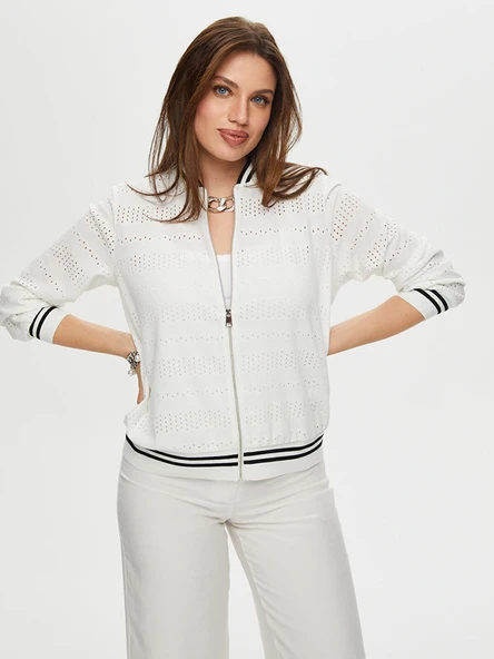 Triko Şerit Detaylı Brodeli Örme Bomber Ceket Faik Sönmez - 2