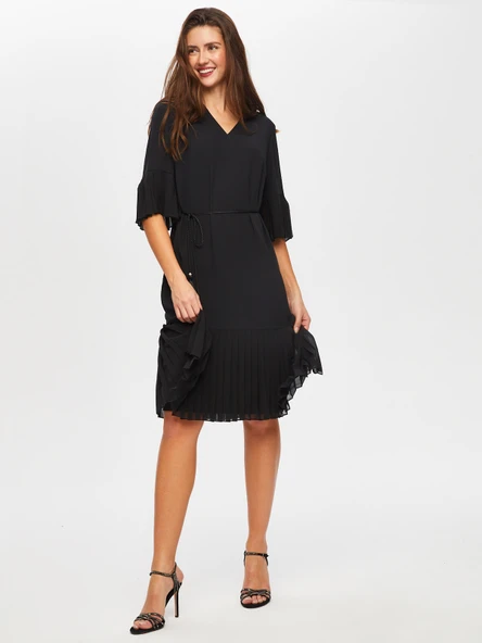 Plise Dantel Garnili V Yaka Abiye Elbise Faik Sönmez - Resim 4