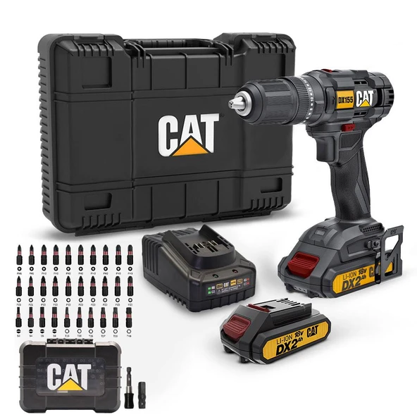 CAT DX155.1SET 18Volt/2.0Ah Li-ion Çift Akülü Profesyonel Şarjlı Darbeli Matkap + DA01901 32 Parça Vidalama Uç Seti - 2