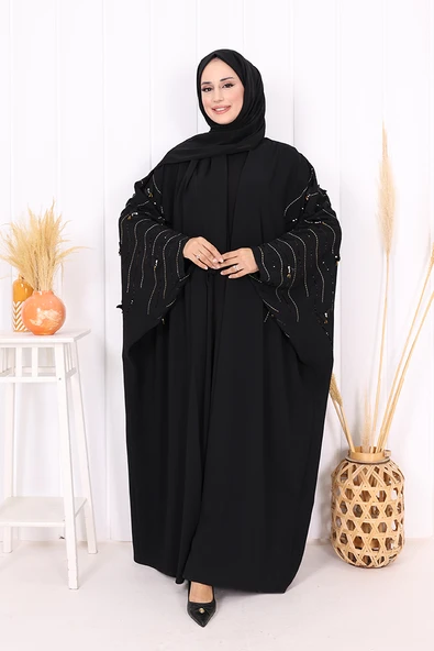 Yarasakol İşleme Detaylı Abaya 70012 Siyah-Gold - Resim 2