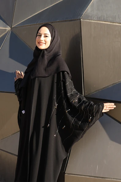 Yarasakol İşleme Detaylı Abaya 70012 Siyah - Resim 4