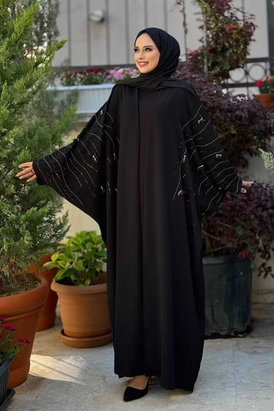 Yarasakol İşleme Detaylı Abaya 70012 Siyah-Gold - Resim 3