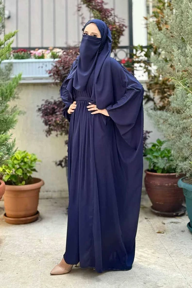 Yarasakol Belden Kuşaklı Peçeli, Şallı Elbise 6038 Lacivert - 2